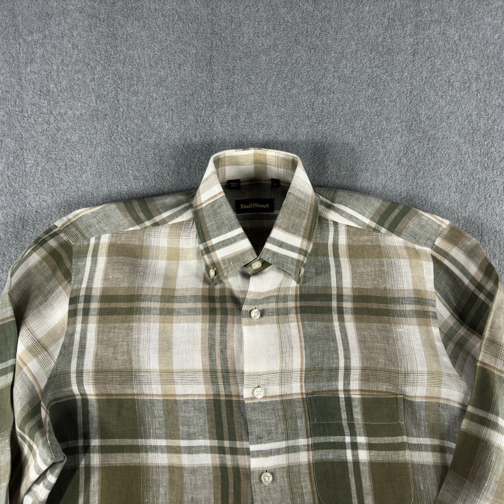 Paul Stuart 100% Linen Button Down Shirt Men's M Plaid Long Sleeve Made In Italy